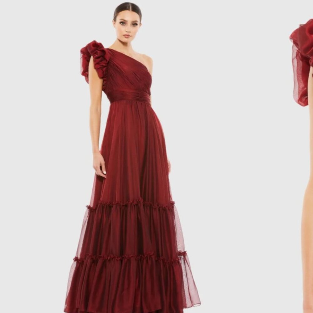 MAC DUGGAL Wine Burgundy Organza One Shoulder Ruffle Gown Women’s Prom